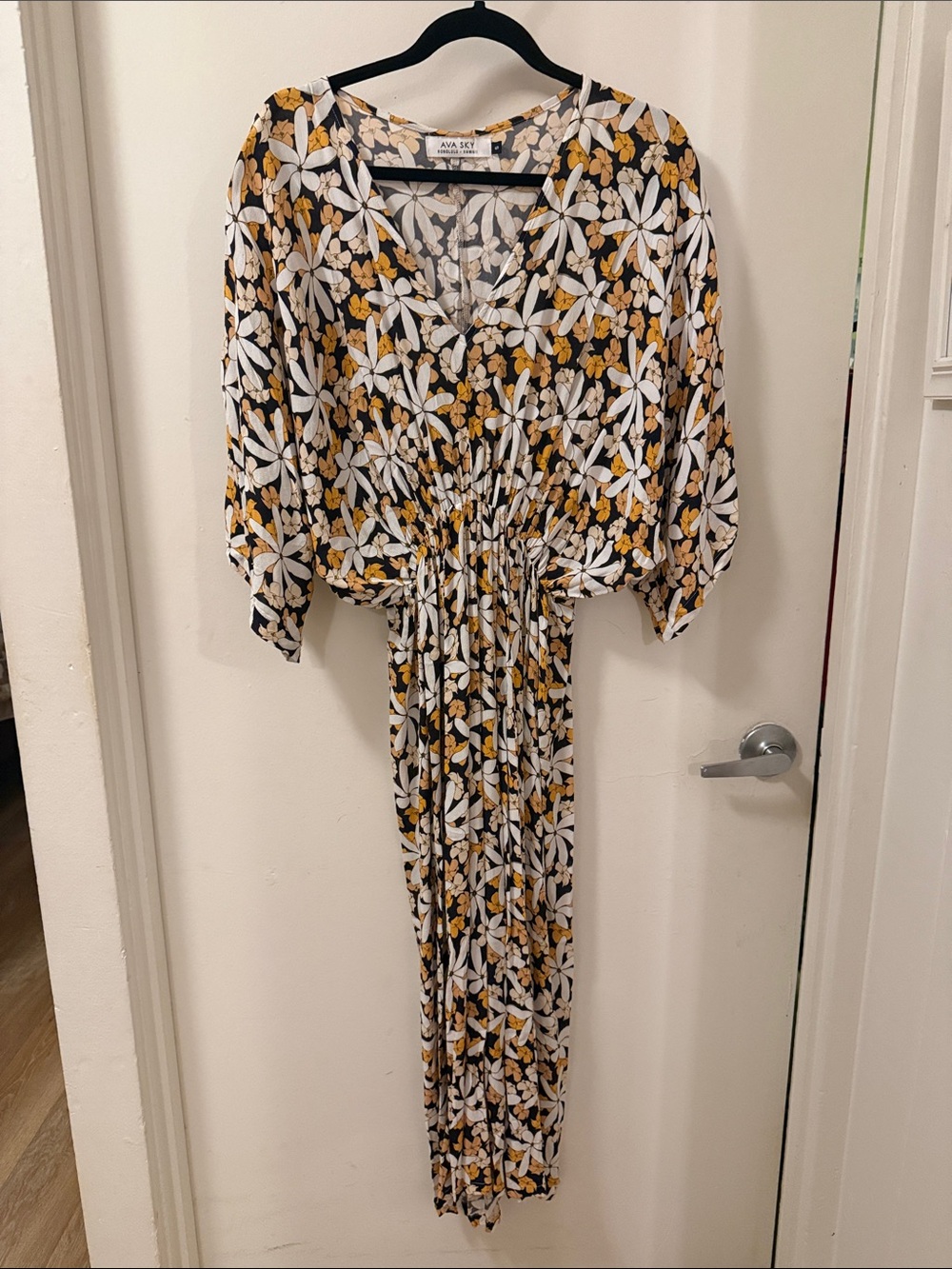 Ava Sky V neck dress with pikake flowers